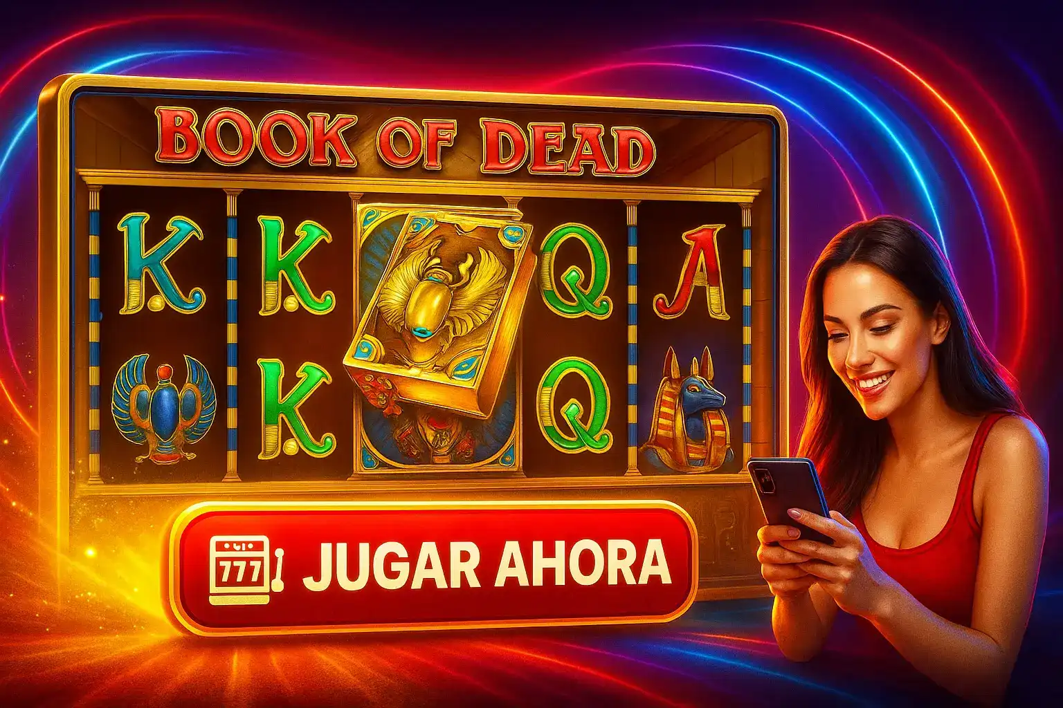 Una mujer sonriente disfruta de la popular tragaperras Book of Dead en el casino de Kirolbet. Únete a la aventura egipcia y juega ahora para descubrir tesoros ocultos.