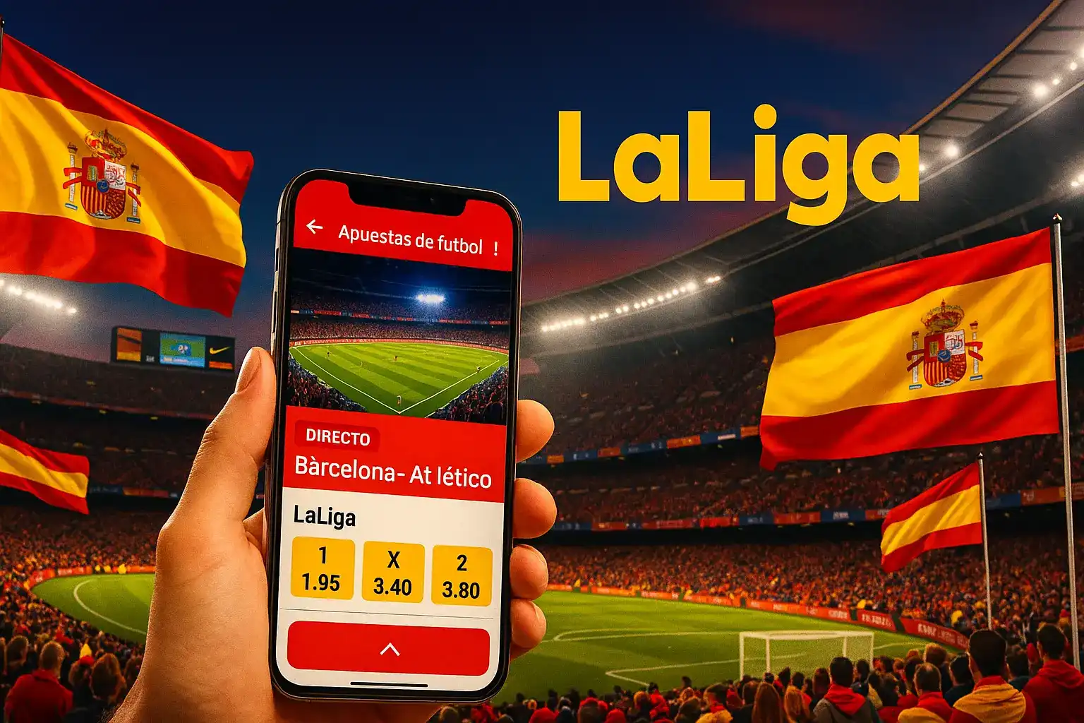 Apuesta en LaLiga con la app de Kirolbet. Una mano sostiene un móvil mostrando las cuotas en directo para un partido del Barcelona contra el Atlético en un estadio lleno de aficionados.