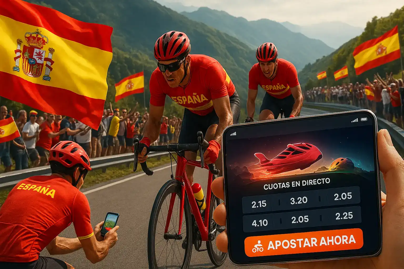 Siente la emoción del ciclismo español y apuesta en directo con Kirolbet. La app muestra las cuotas en vivo mientras los ciclistas compiten en una etapa de montaña.