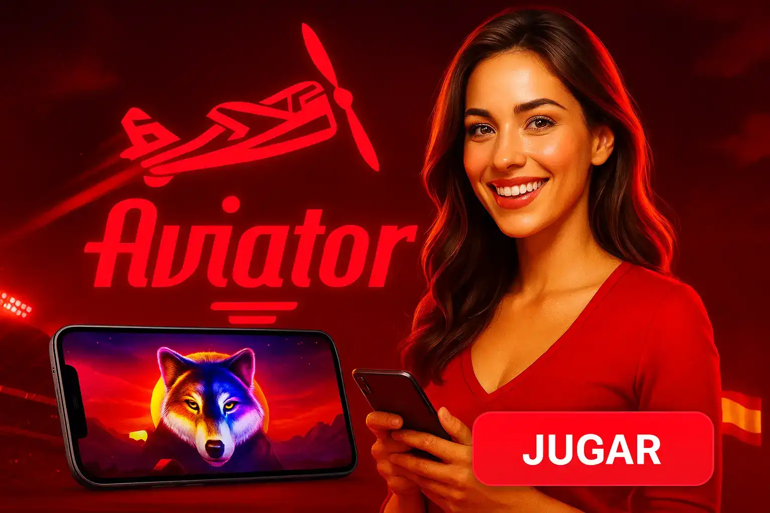 Una mujer sonriente te invita a jugar en Kirolbet. Descubre juegos emocionantes como el crash game Aviator y la popular tragaperras Wolf Gold en tu móvil.