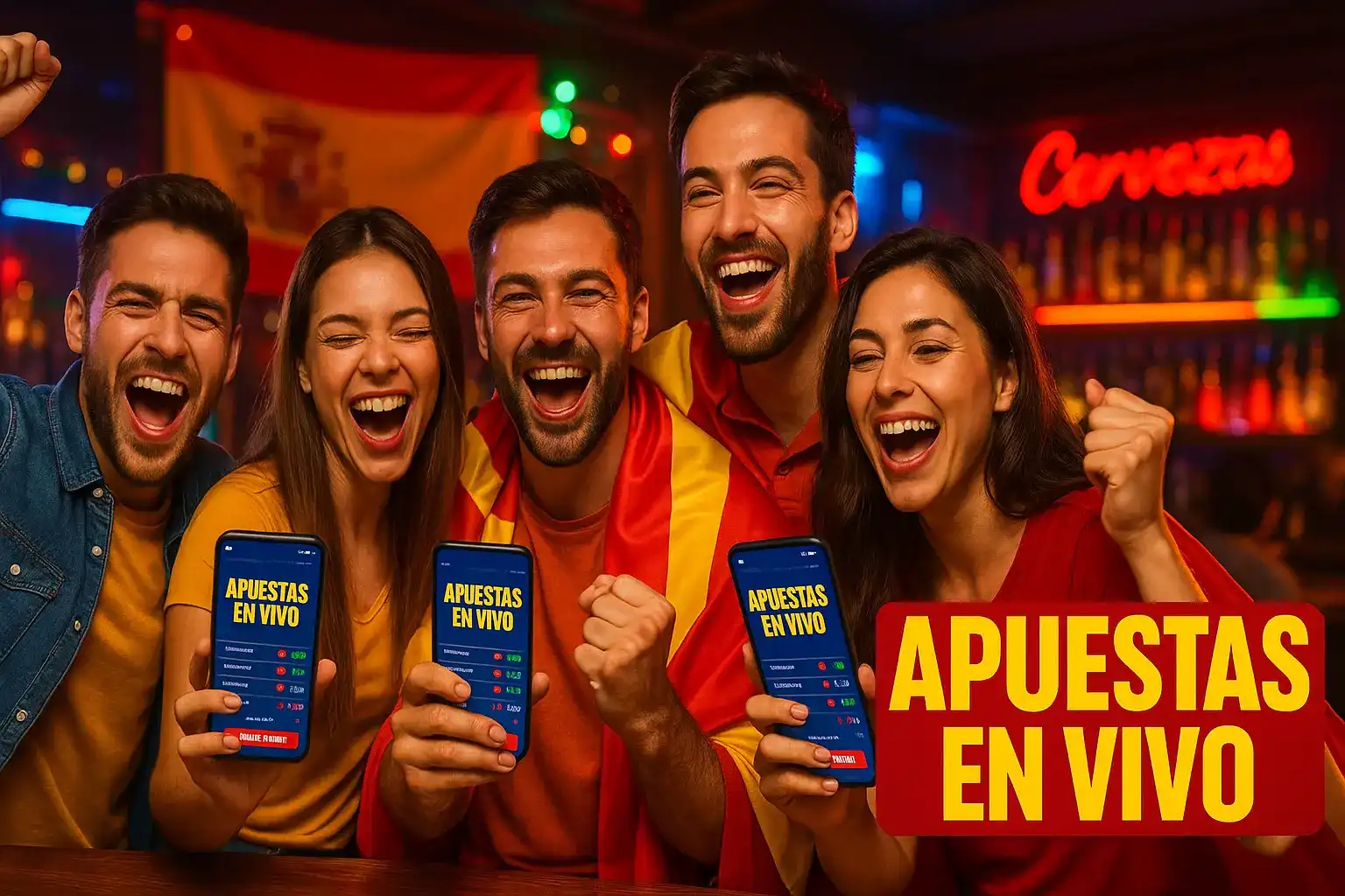 Un grupo de amigos celebra con euforia mientras realizan apuestas en vivo con la app de Kirolbet. Disfruta de la emoción del deporte y gana junto a tus amigos.