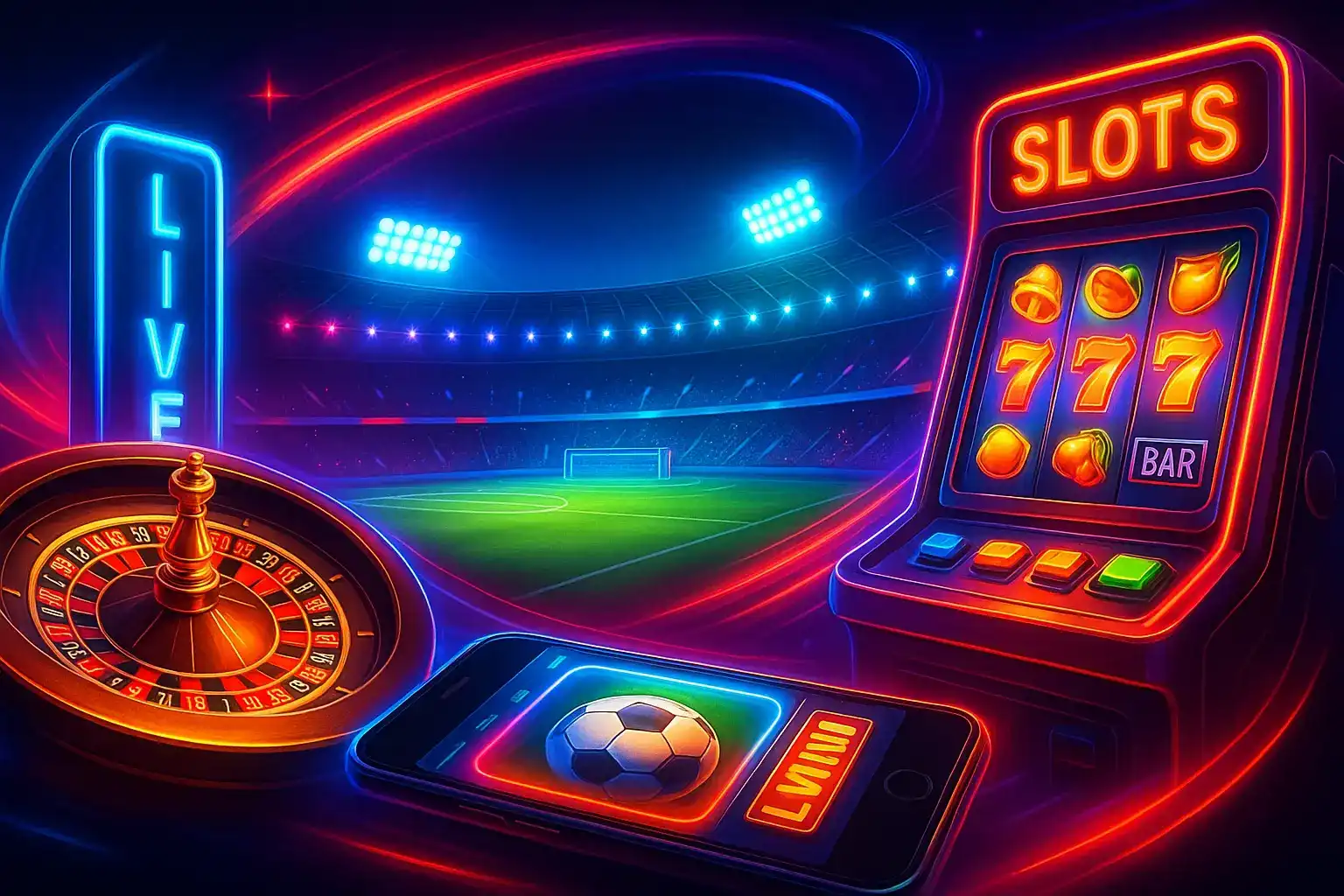 Sumérgete en el universo de Kirolbet, donde se fusionan las apuestas deportivas y el casino. La imagen muestra un estadio, una ruleta y una tragaperras con luces de neón.