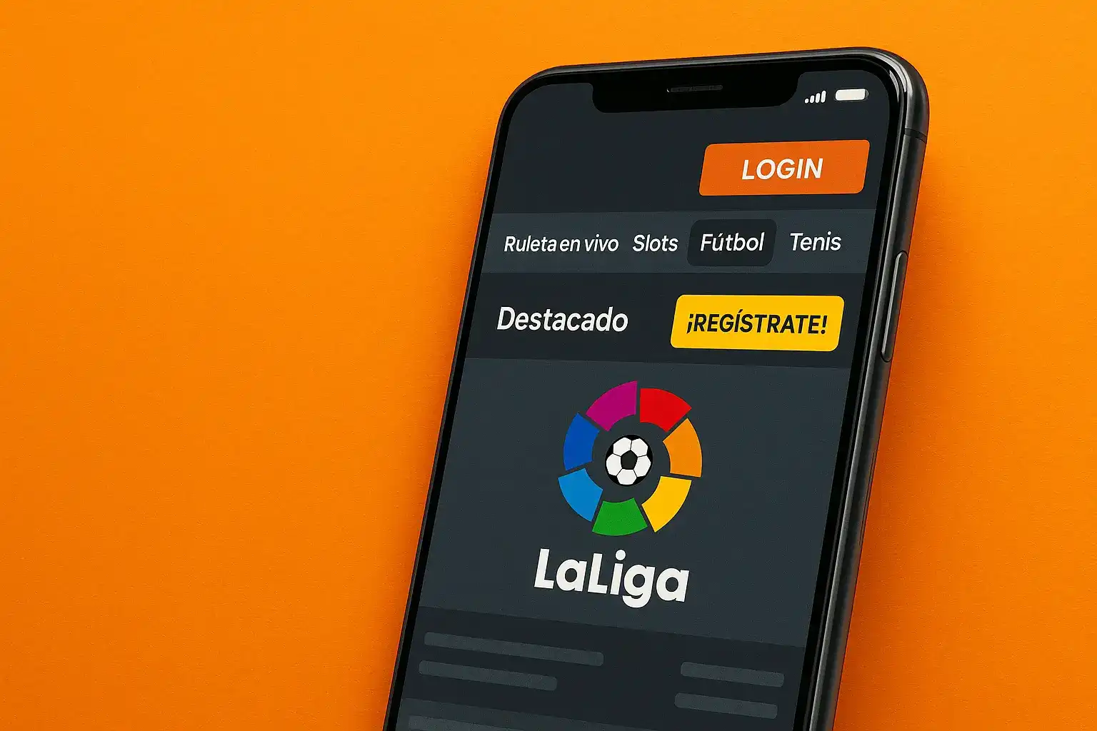 Accede a las apuestas de La Liga con la app de Kirolbet. La pantalla del móvil muestra el logo de La Liga y los botones de Login y ¡Regístrate! para empezar a jugar.