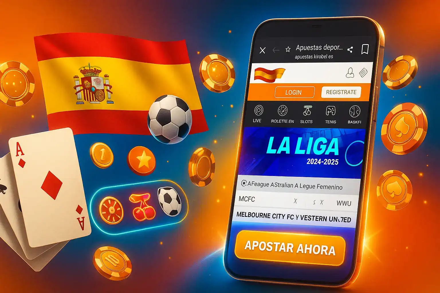 Apuesta en La Liga 2025-2026 con la app de Kirolbet. La pantalla del móvil muestra cuotas de fútbol, rodeada de la bandera de España, cartas de póker y fichas de casino.