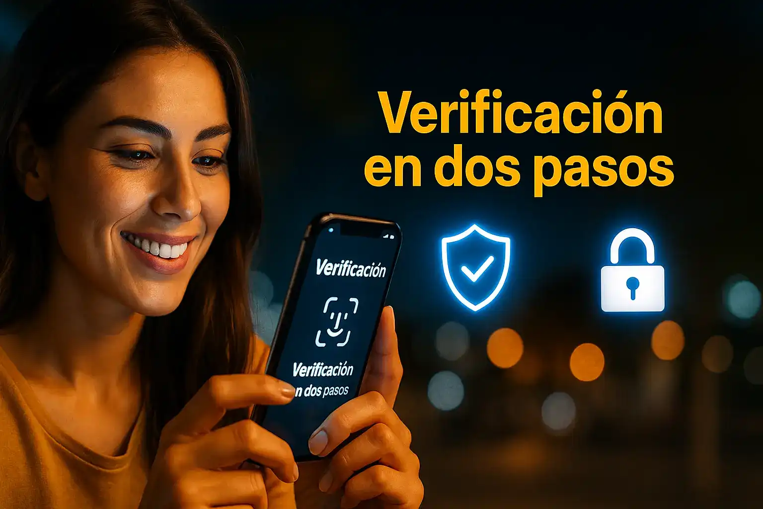 Protege tu cuenta de Kirolbet con la verificación en dos pasos. Una mujer sonriente activa la seguridad en su móvil para una mayor protección con nuestro sistema de escudo y candado.