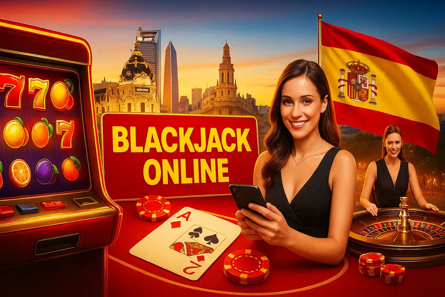 Una mujer sonriente juega al blackjack online en Kirolbet desde su móvil, con el skyline de Madrid, una tragaperras y una ruleta de fondo, representando la mejor oferta de casino en España.