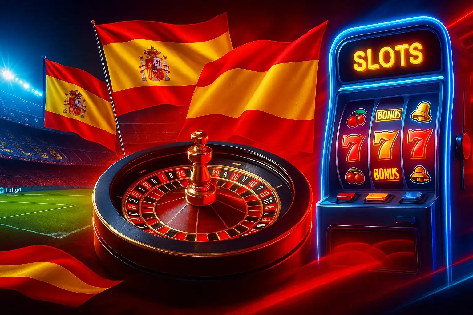 Disfruta de la emoción del casino en Kirolbet con nuestras tragaperras y ruleta. La imagen combina los juegos de casino con la pasión del fútbol español, todo en un mismo sitio.