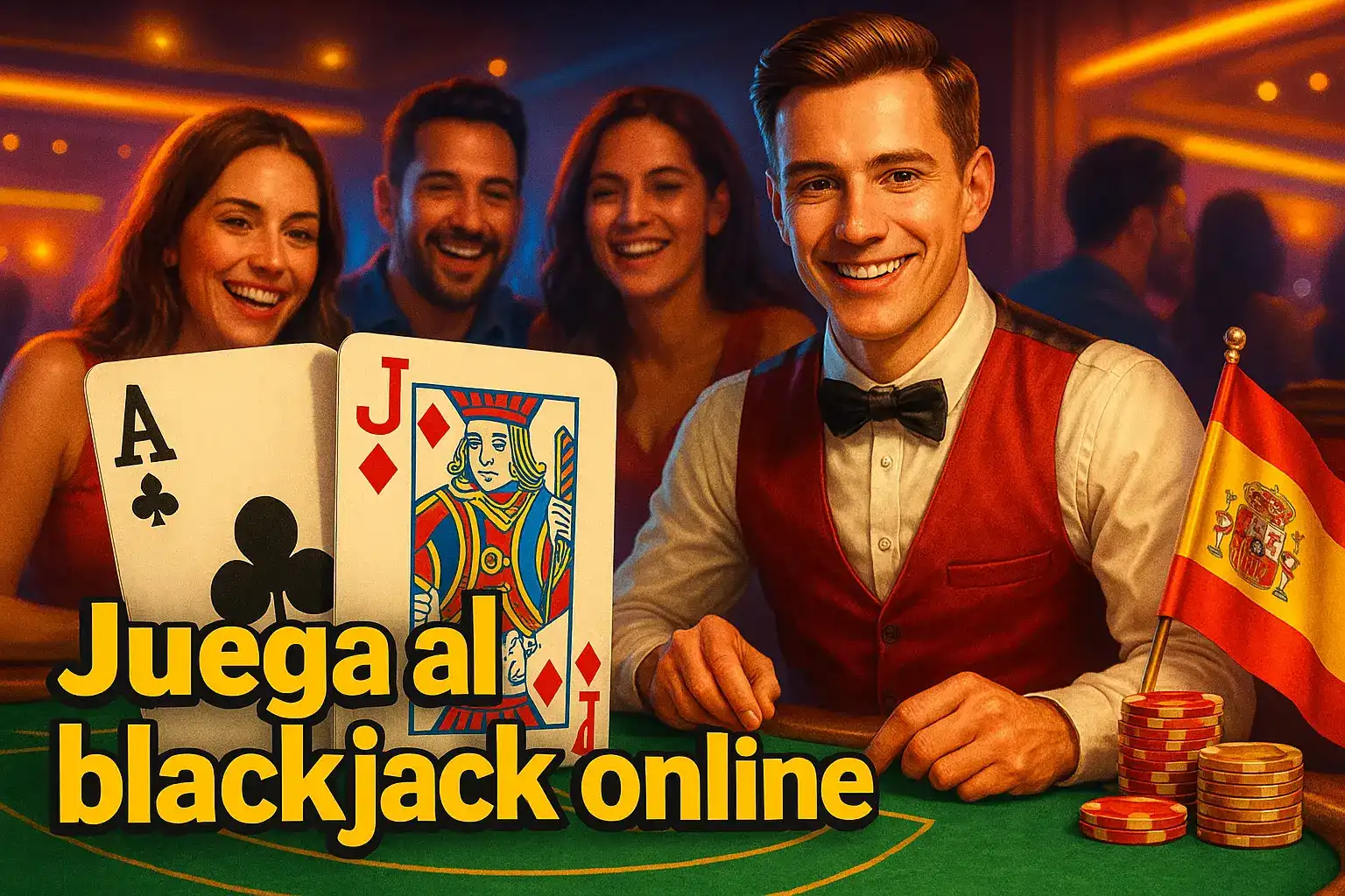 Un crupier sonriente presenta una mano de blackjack en Kirolbet mientras un grupo de amigos celebra al fondo. Únete a la diversión y juega al blackjack online con nosotros.