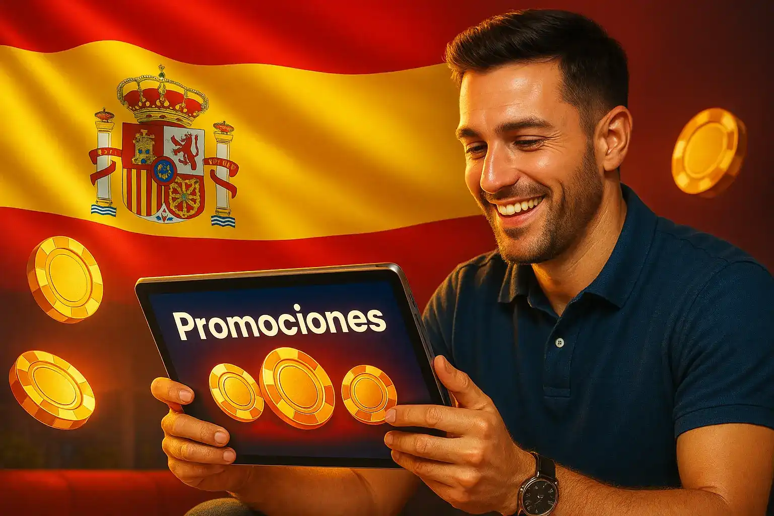 Un hombre sonriente revisa las últimas promociones de Kirolbet en su tablet. No te pierdas nuestras ofertas exclusivas para casino y apuestas deportivas en España.