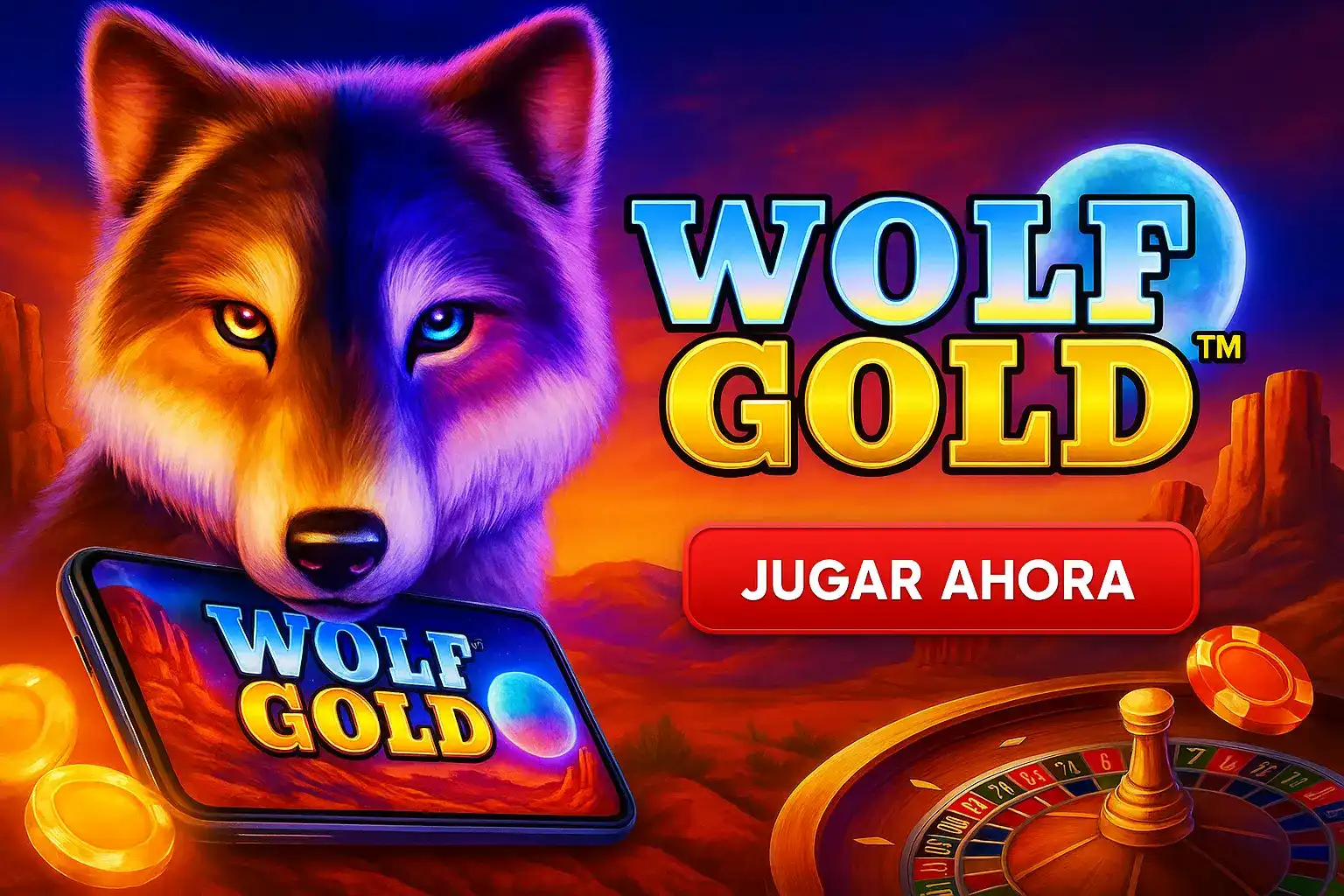 Adéntrate en el desierto americano con la tragaperras Wolf Gold en Kirolbet. Un majestuoso lobo te guía hacia jackpots y funciones especiales bajo la luna llena. ¡Juega ahora!